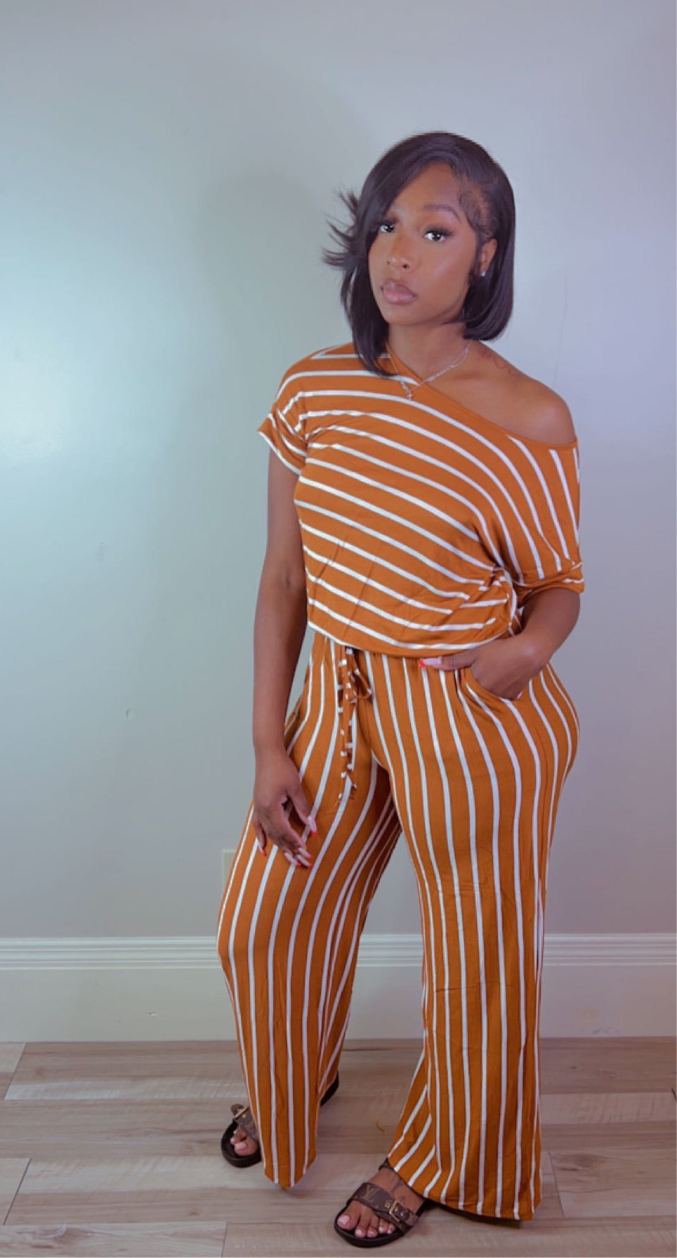 Pinstripe Jumpsuit (Almond)